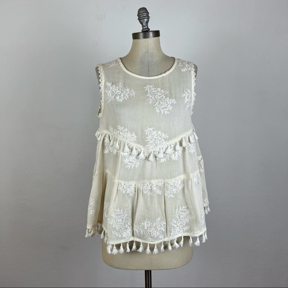 Anthropologie Eri + Ali Embroidered Tassel Tank Top Medium